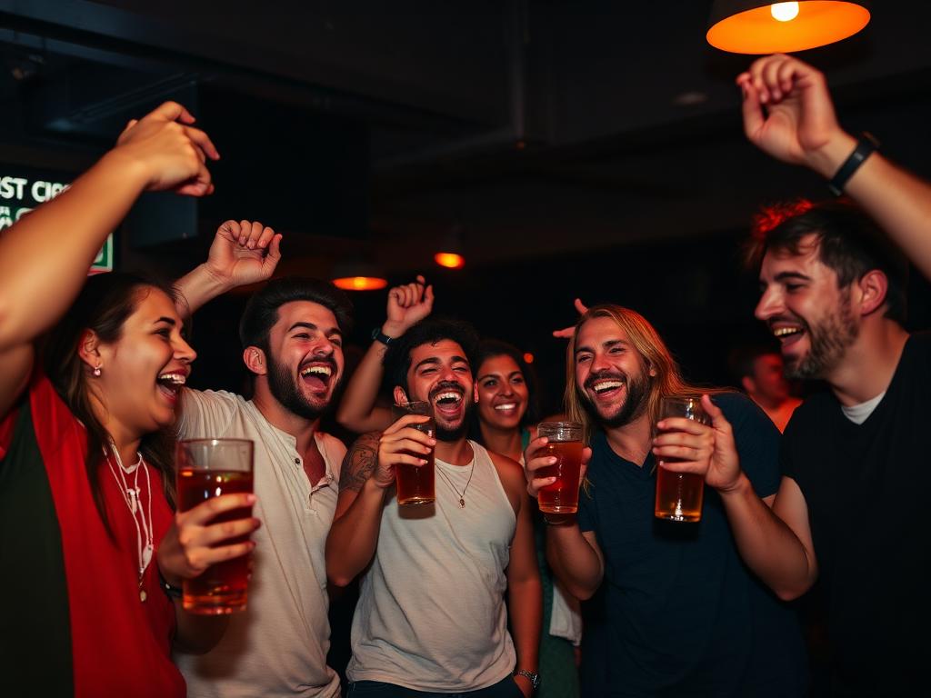 Friends celebrating a goal with drinks