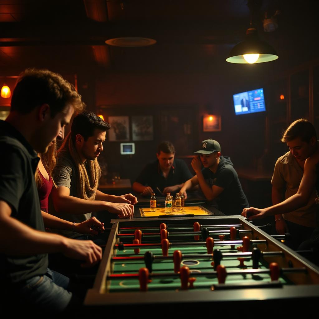 Friends playing foosball in the bar lounge