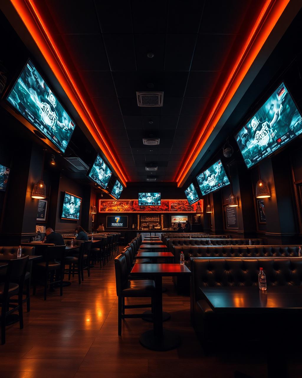 Bite & Sip sports bar interior with booths and screens